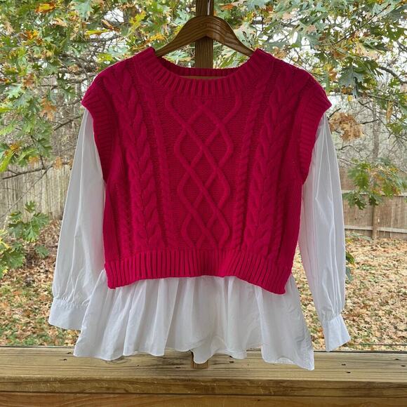 English Factory Women's Chunky Cable Knit Twofer Sweater Bright Pink Size M - Picture 1 of 6